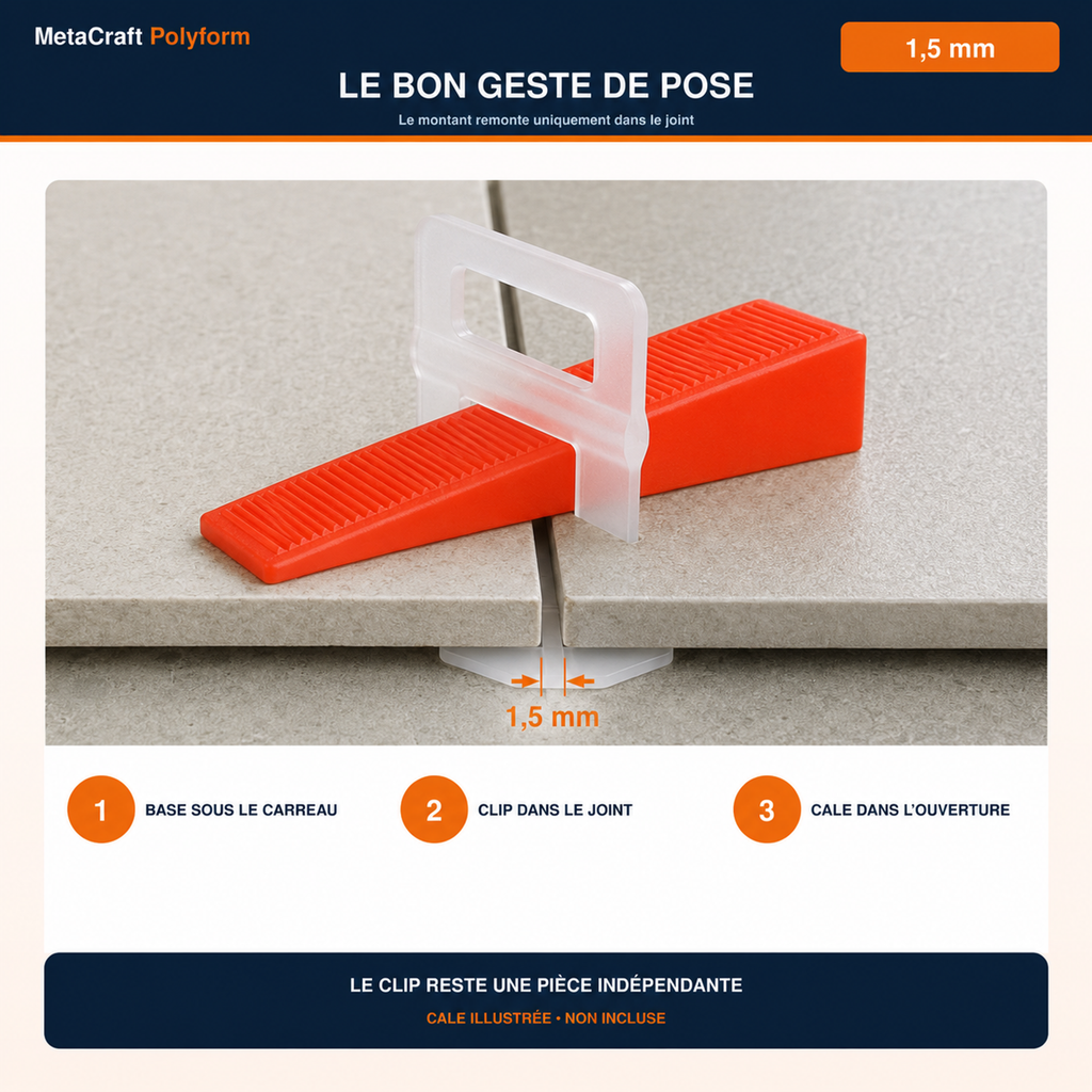 Pose d’un clip de nivellement 1,5 mm entre deux carreaux