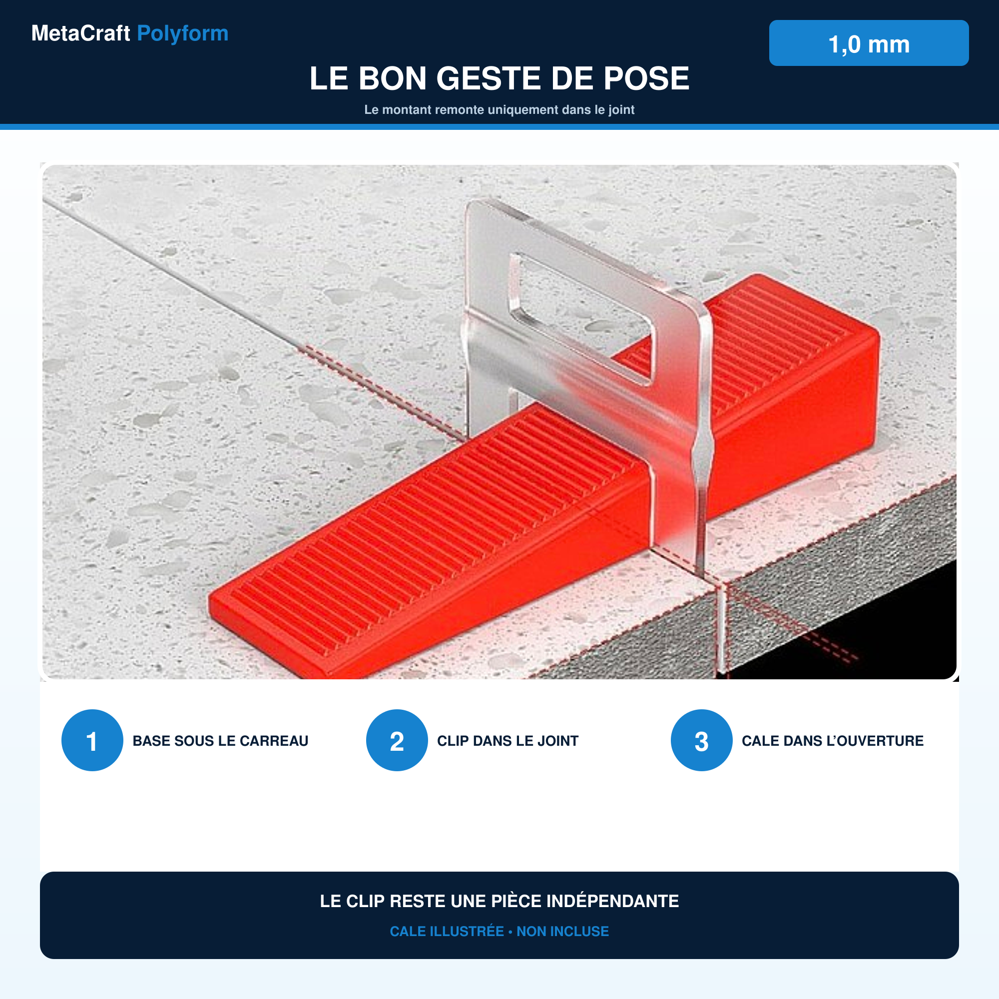Pose d’un clip de nivellement 1,0 mm entre deux carreaux