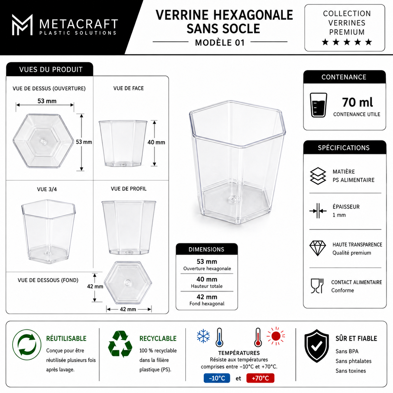 Verrine hexagonale 70 ml – fiche technique MetaCraft
