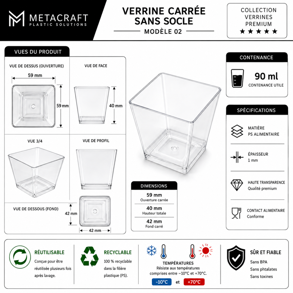 Verrine carrée 90 ml – fiche technique MetaCraft