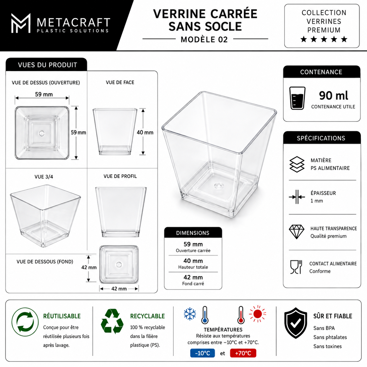 Verrine carrée 90 ml – fiche technique MetaCraft