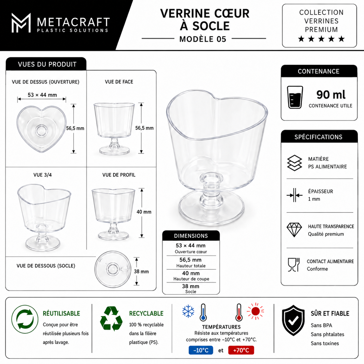 Verrine cœur sur pied 90 ml – fiche technique MetaCraft