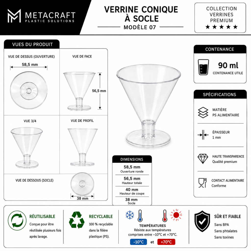 Verrine conique sur pied 90 ml – fiche technique MetaCraft