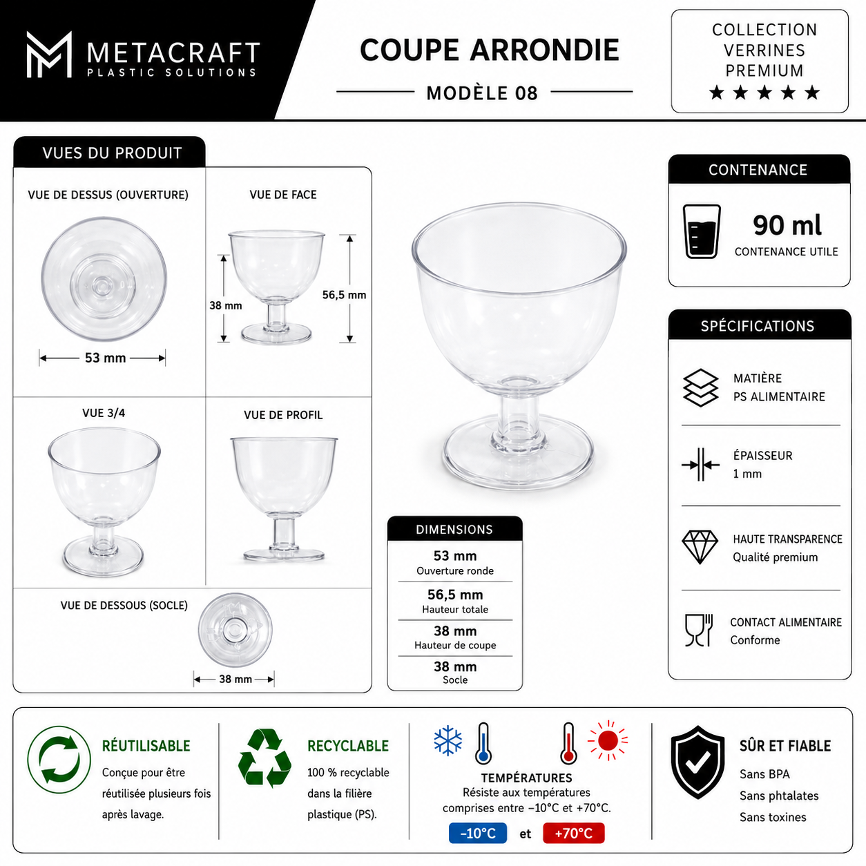 Coupe arrondie sur pied 90 ml – fiche technique MetaCraft