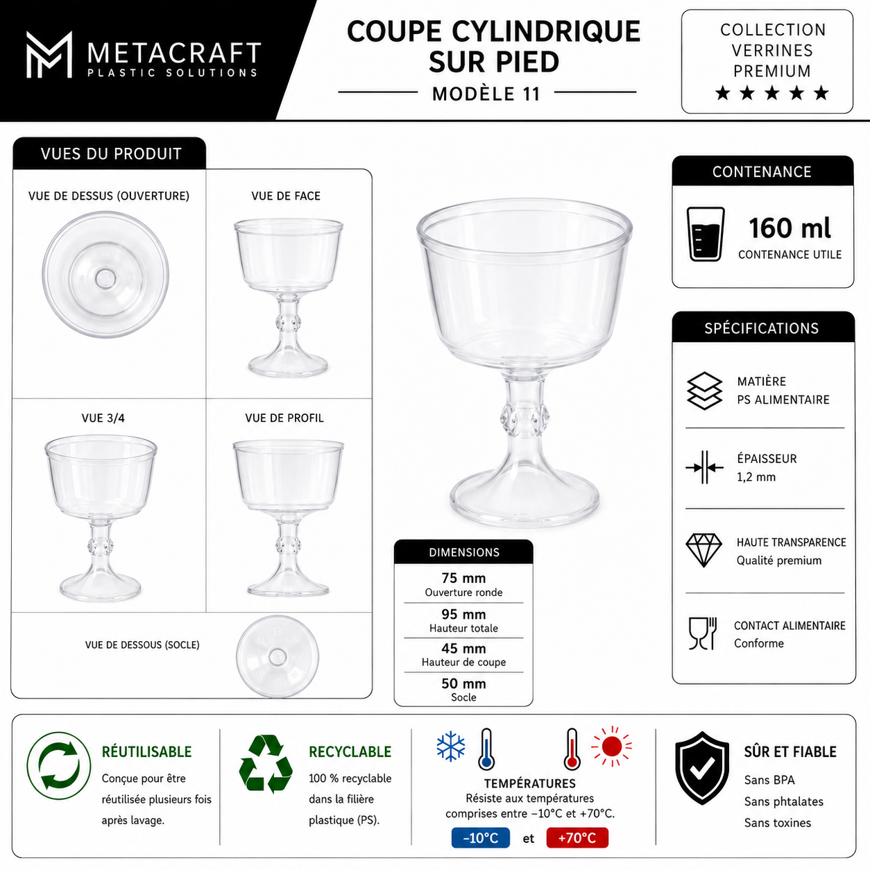 Coupe cylindrique sur pied 160 ml – fiche technique MetaCraft