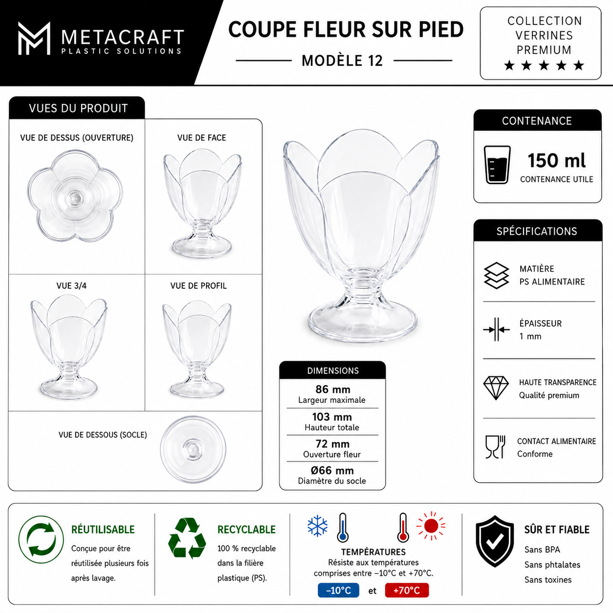 Coupe fleur sur pied transparente 150 ml – fiche technique MetaCraft