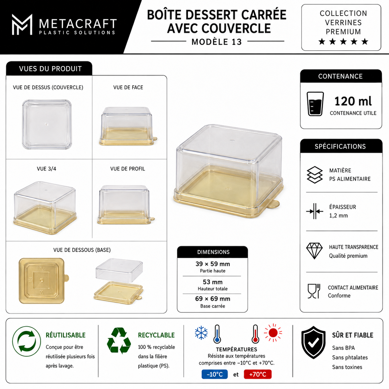 Boîte dessert carrée avec couvercle 120 ml – fiche technique MetaCraft