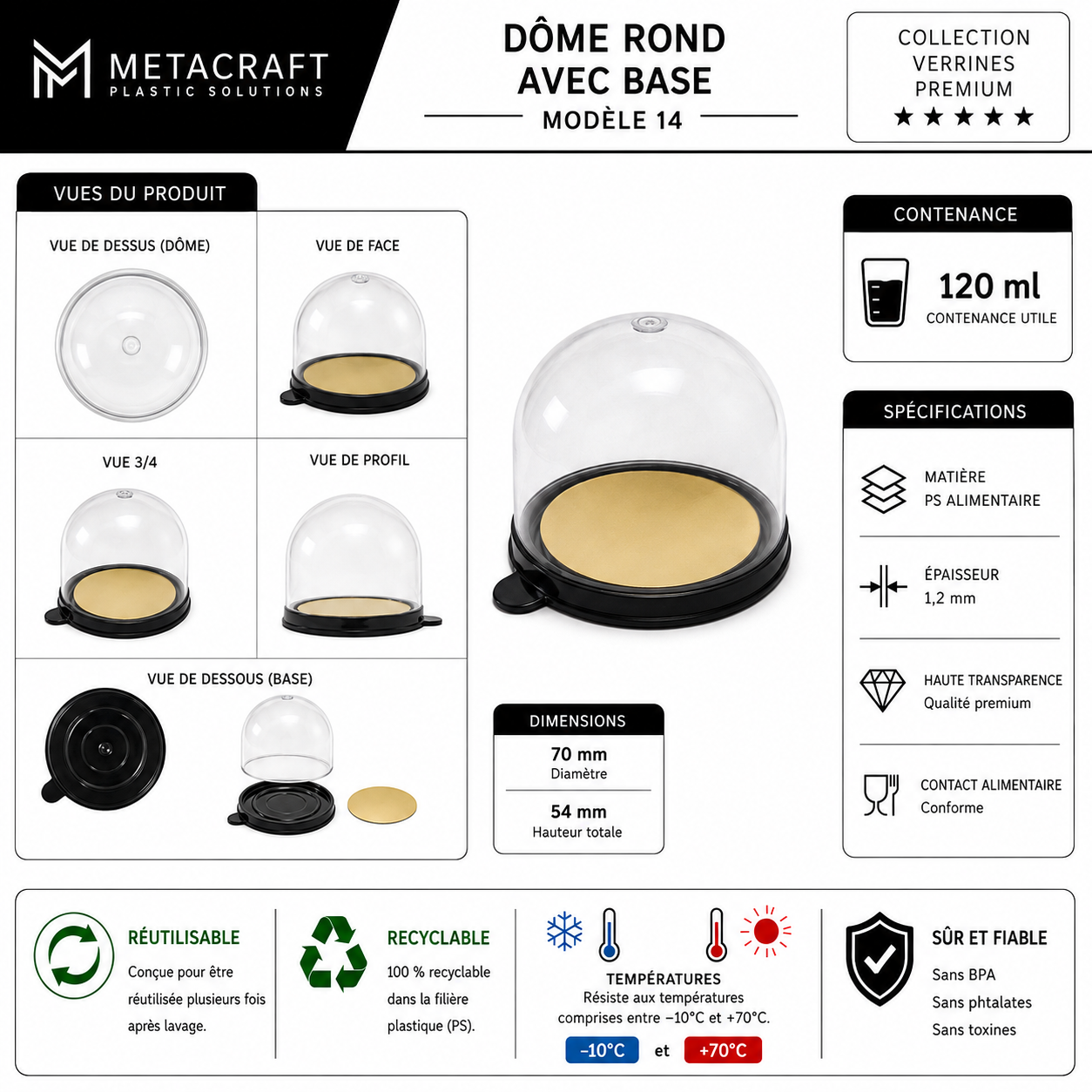 Dôme dessert rond avec base 120 ml – fiche technique MetaCraft