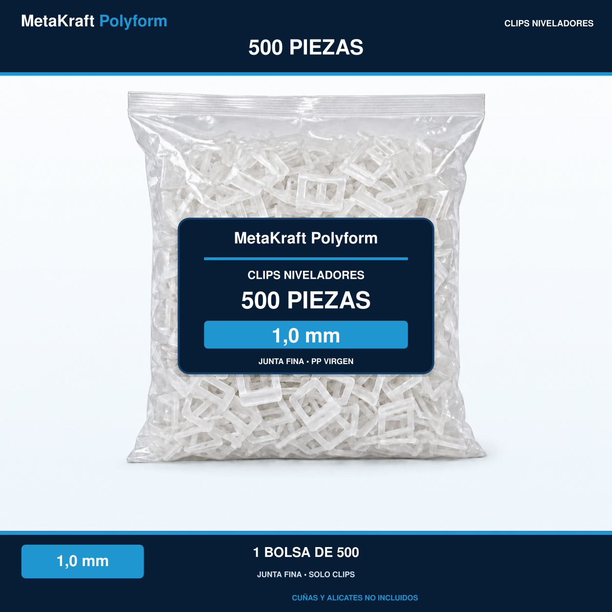 MetaKraft Polyform — 500 clips niveladores para baldosas, 1,0 mm