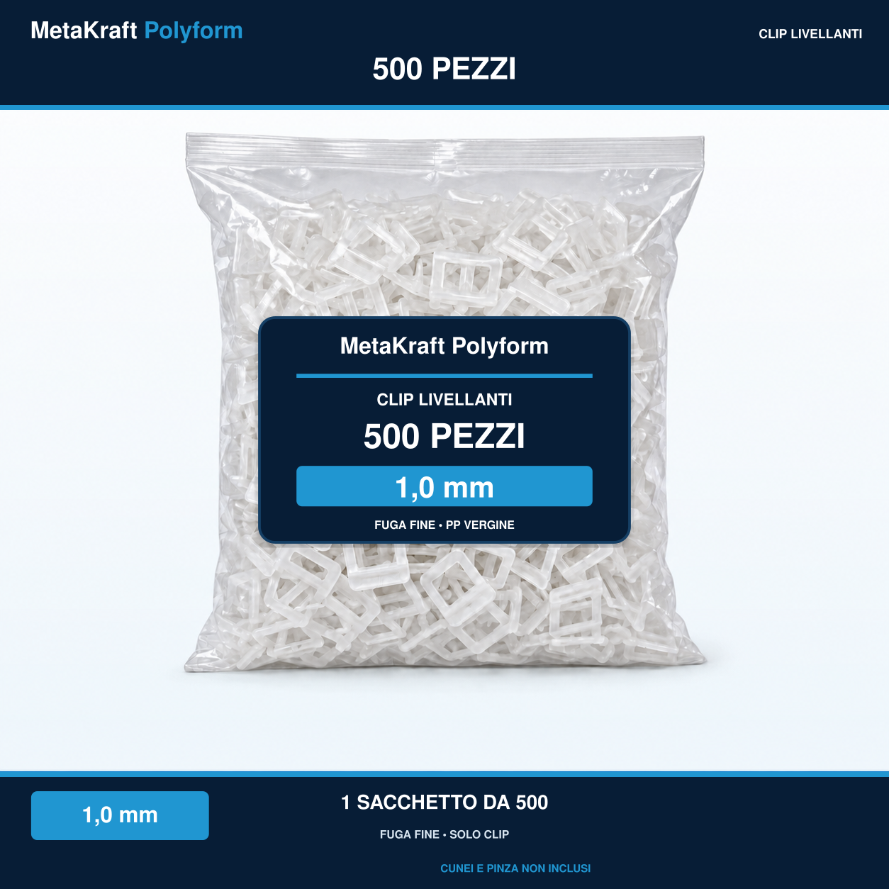 MetaKraft Polyform — 500 clip livellanti per piastrelle, 1,0 mm