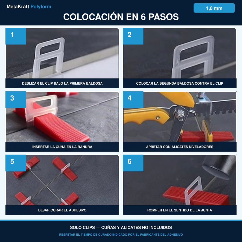 MetaKraft Polyform — colocación en 6 pasos, clips niveladores de 1,0 mm