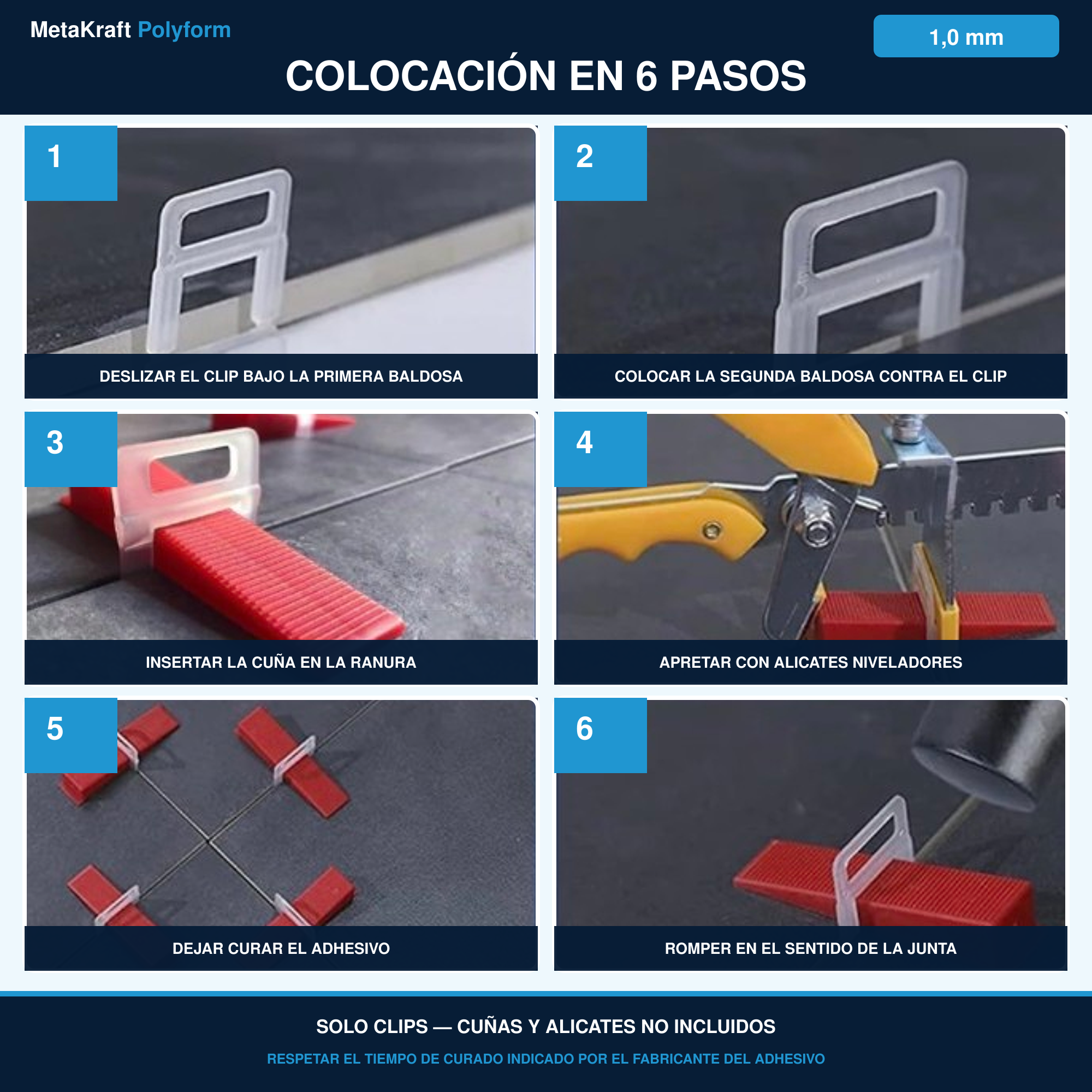 MetaKraft Polyform — colocación en 6 pasos, clips niveladores de 1,0 mm
