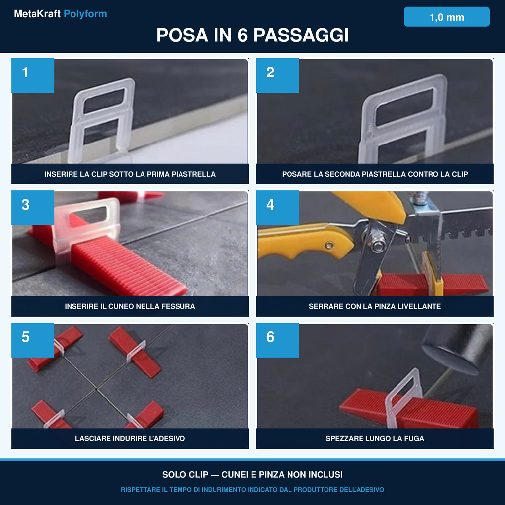 MetaKraft Polyform — posa in 6 passaggi, clip livellanti da 1,0 mm