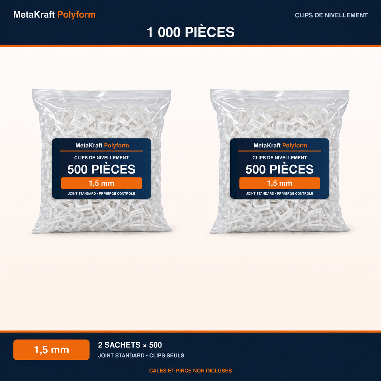 MetaKraft Polyform – 1.5 mm tile levelling clips – 1,000 pieces