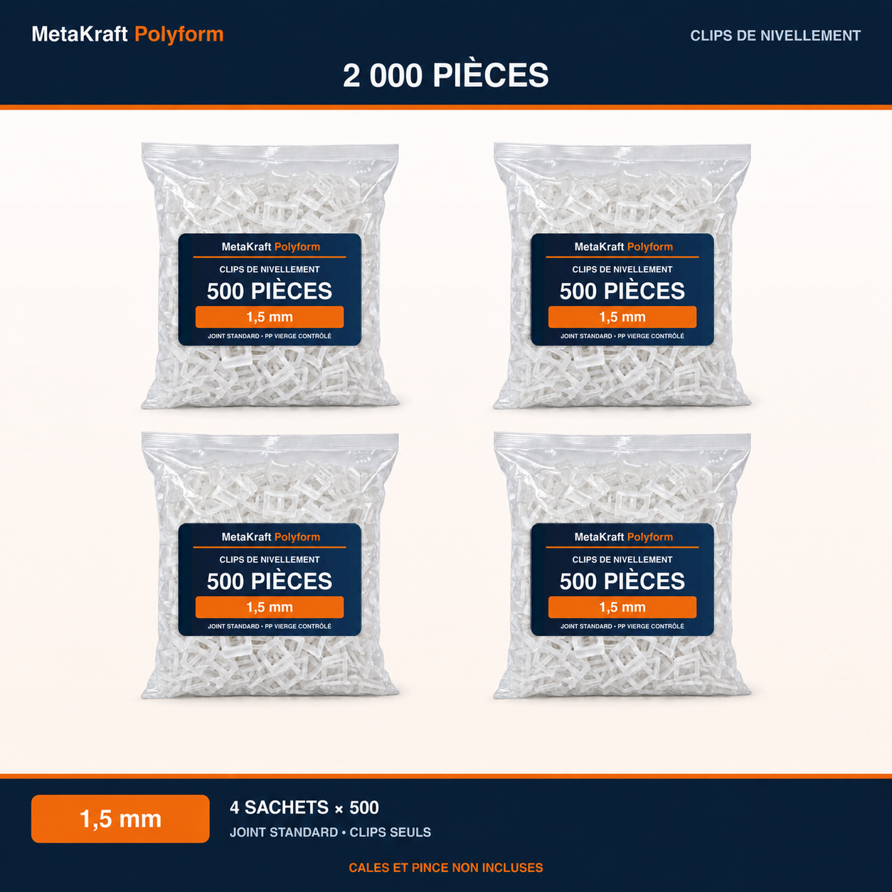 MetaKraft Polyform – 1.5 mm tile levelling clips – 2,000 pieces
