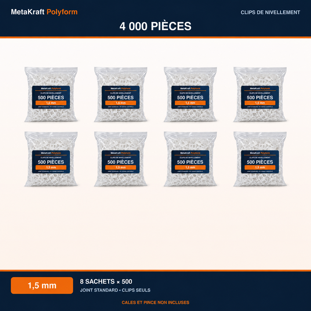 MetaKraft Polyform – 1.5 mm tile levelling clips – 4,000 pieces