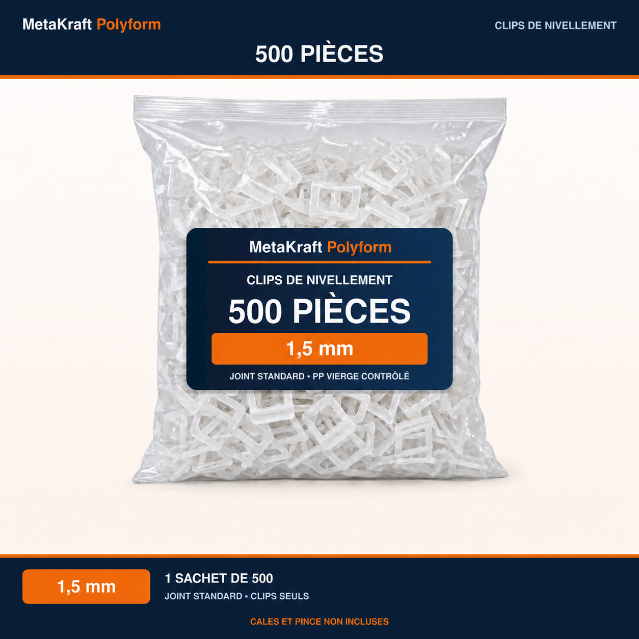 MetaKraft Polyform – 1.5 mm tile levelling clips – 500 pieces