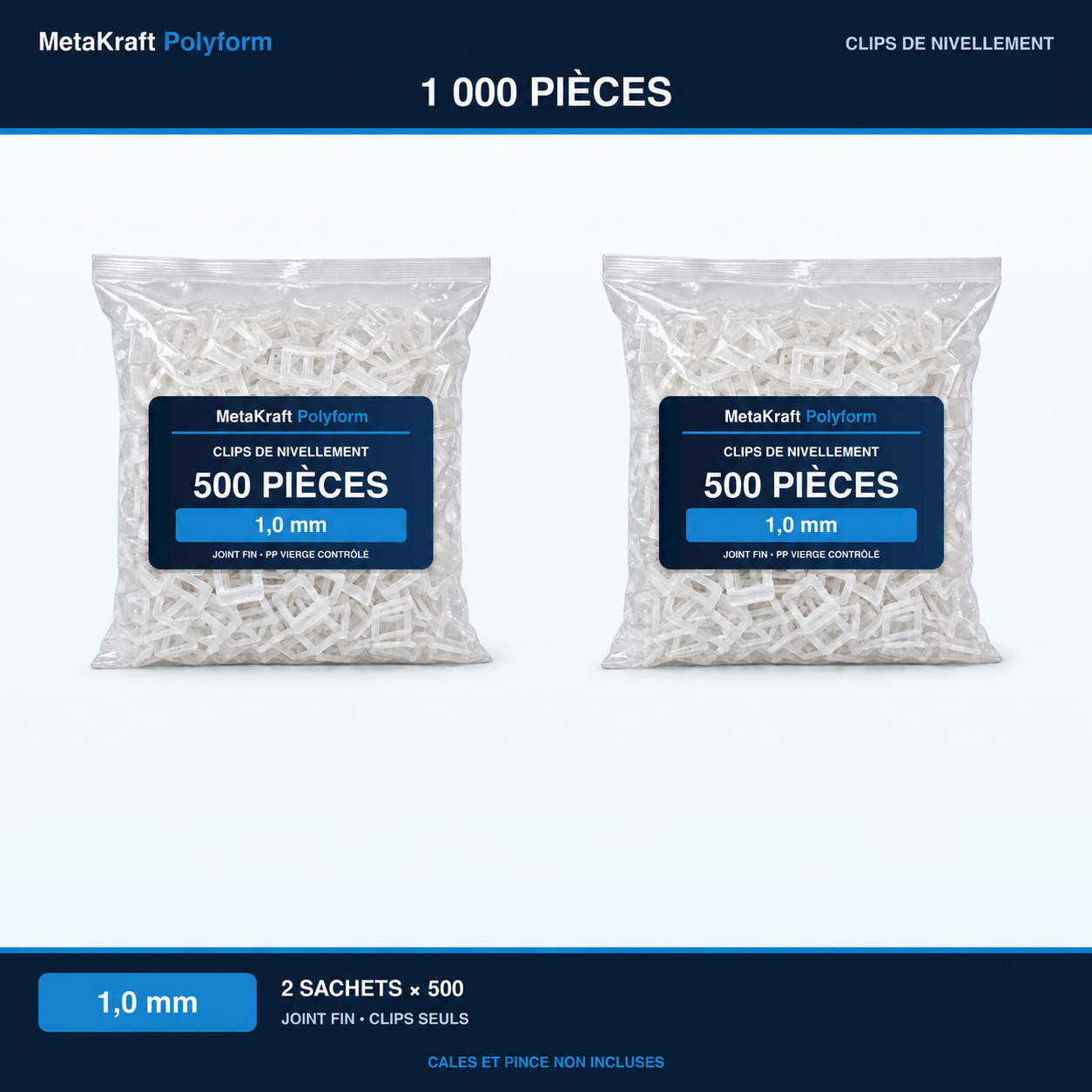 MetaKraft Polyform – clips de nivellement 1,0 mm – 1 000 pièces