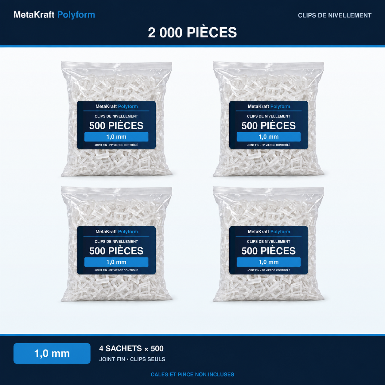 MetaKraft Polyform – clips de nivellement 1,0 mm – 2 000 pièces