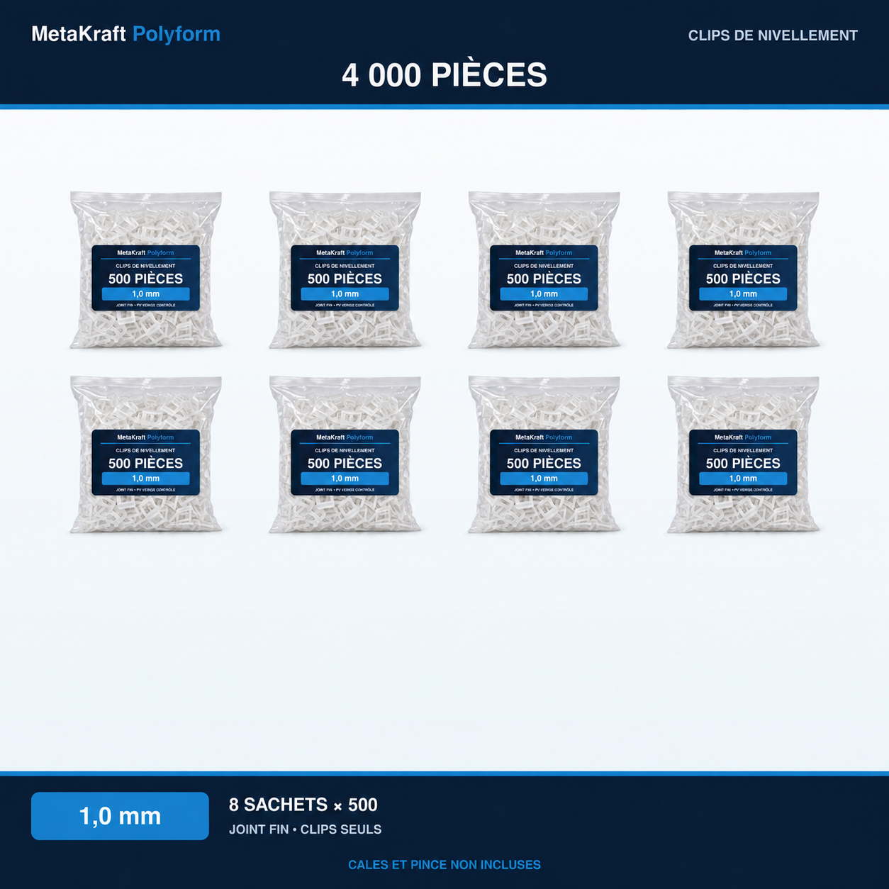 MetaKraft Polyform – clips de nivellement 1,0 mm – 4 000 pièces