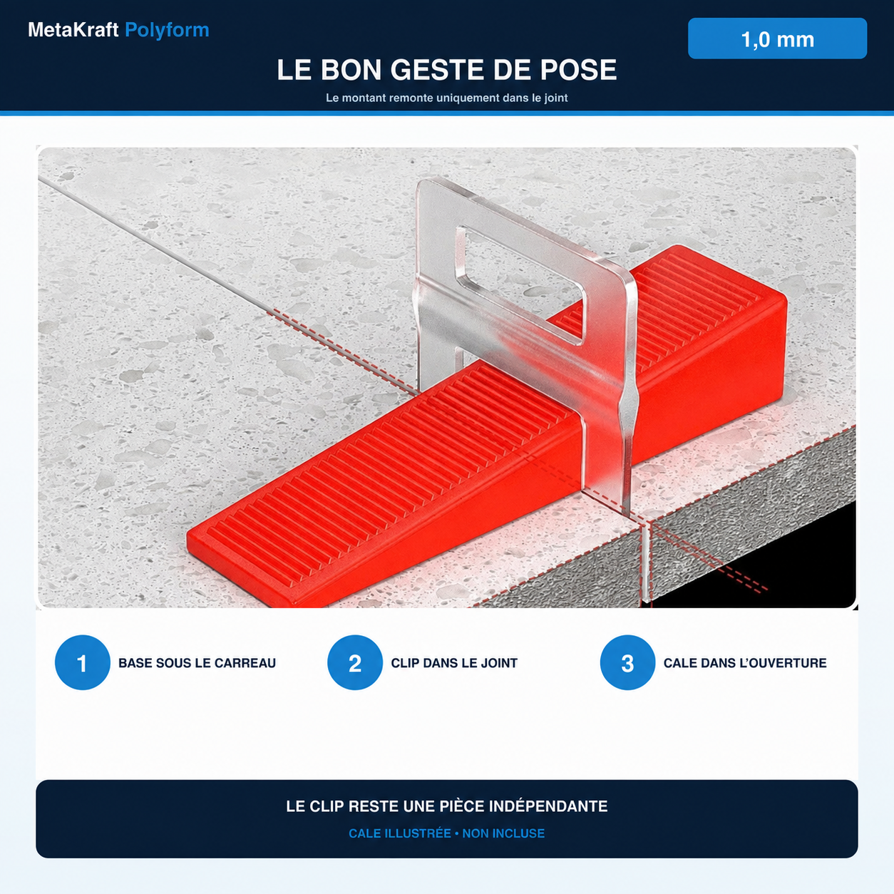 Pose d’un clip de nivellement 1,0 mm entre deux carreaux