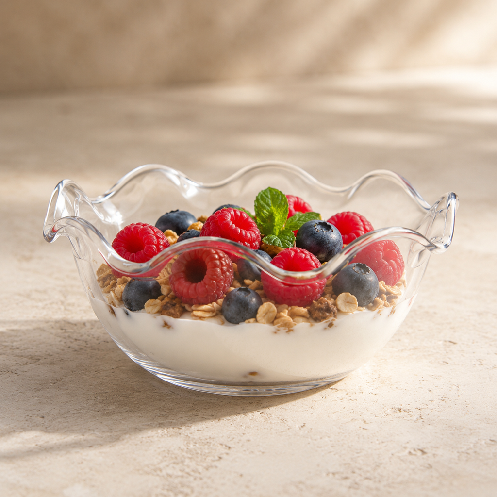 Coupe ondulée transparente 180 ml avec dessert aux fruits